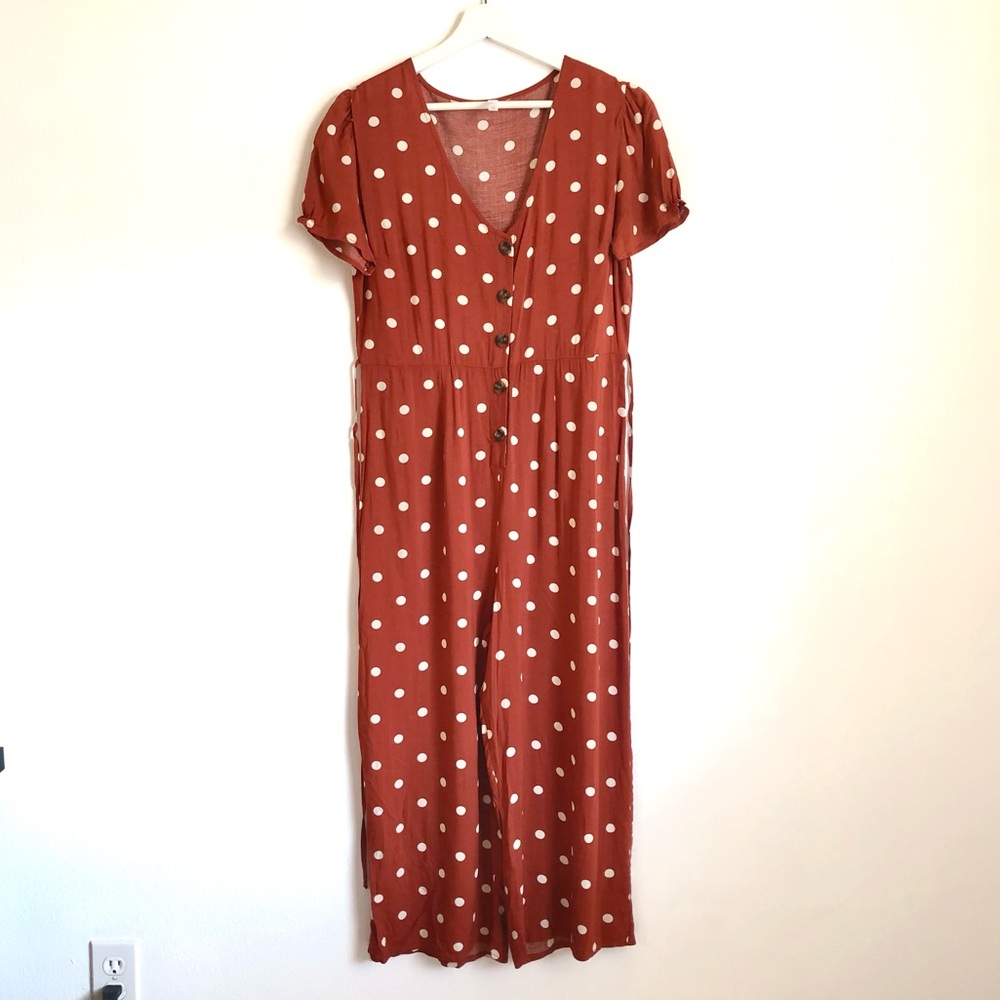Xhilaration Orange / White Polka Dot Button Up Wide Leg Jumpsuit Size Medium